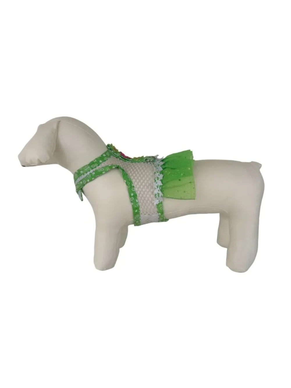 Handmade Small Dog Adjustable Dress Outfit w Harness Net Green Tutu Skirt Fancy